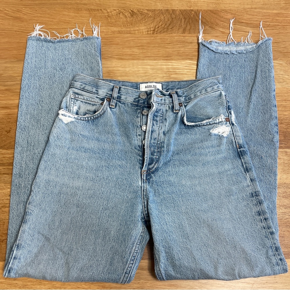 AGOLDE 90s pinch waist high rise straight in light wash raw hem